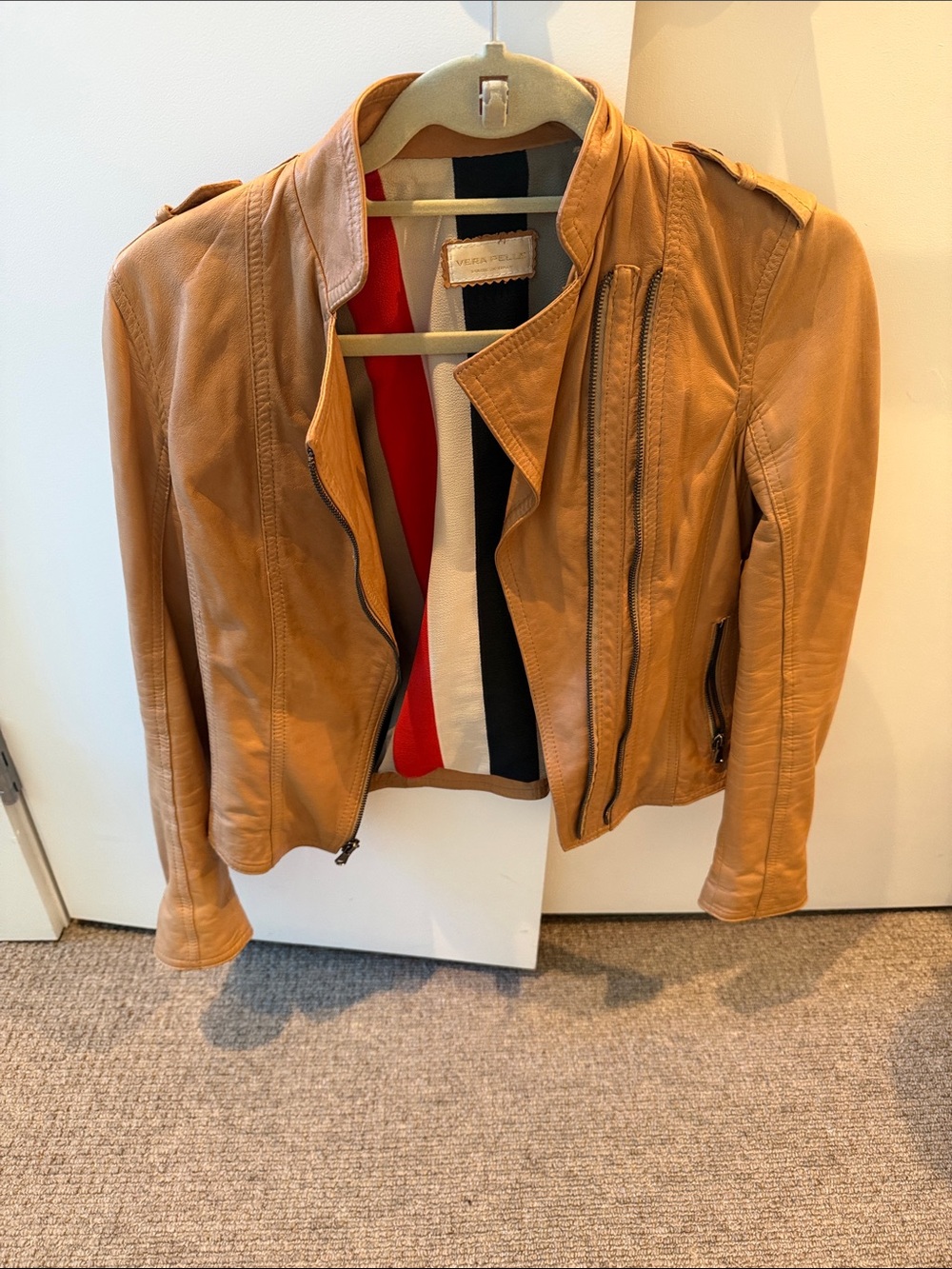 Vera Pelle Tan Leather Moto Jacket with Striped Lining